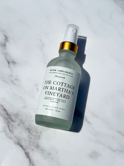 The Cottage on Martha's Vineyard luxury room and linen spray with bergamot, sea salt, and juniper fragrance