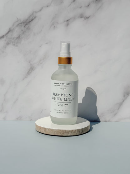 Hamptons White Linen luxury room and linen spray with ozone, linen, and white tea fragrance