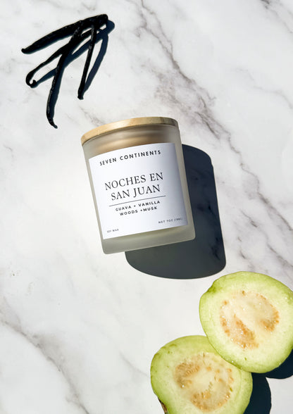 Noches en San Juan soy candle with guava, vanilla, woods, and musk fragrance