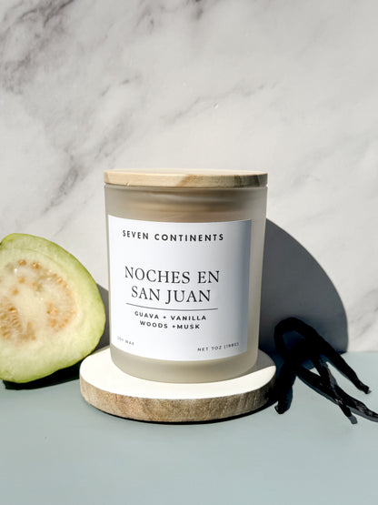 Noches en San Juan soy candle with guava, vanilla, woods, and musk fragrance