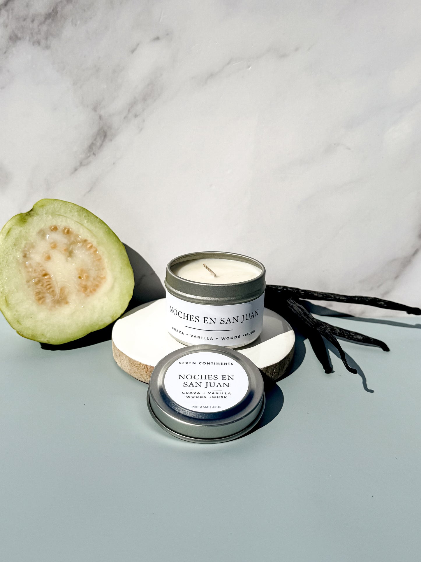 Mini Noches en San Juan candle with guava, vanilla, woods, and musk scent