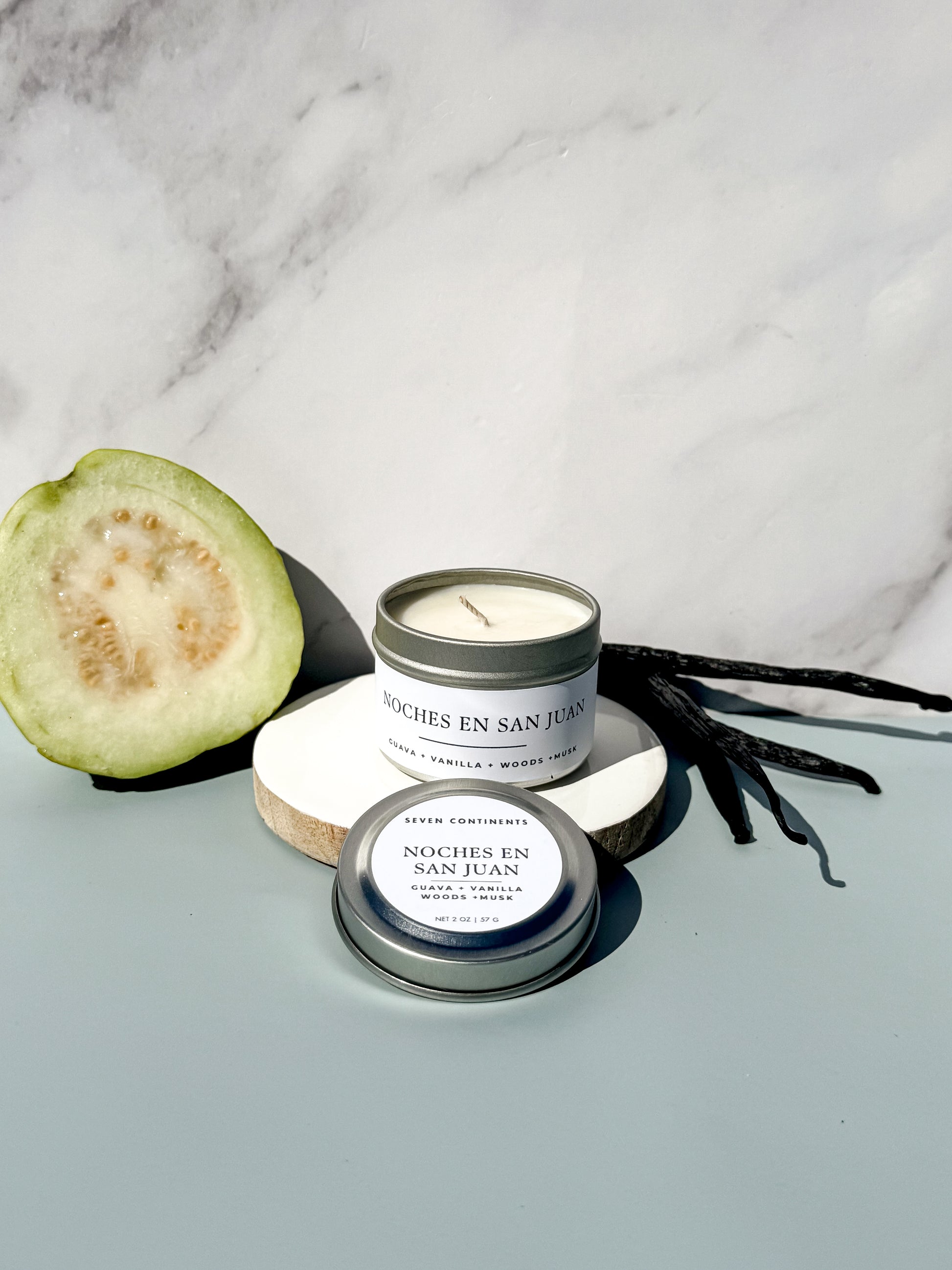 Mini Noches en San Juan candle with guava, vanilla, woods, and musk scent