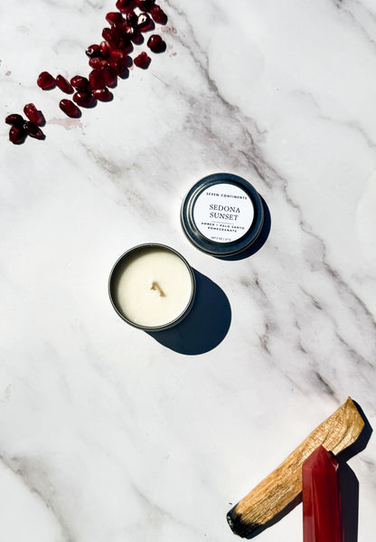 Mini Sedona Sunset candle with amber, palo santo, and pomegranate scent
