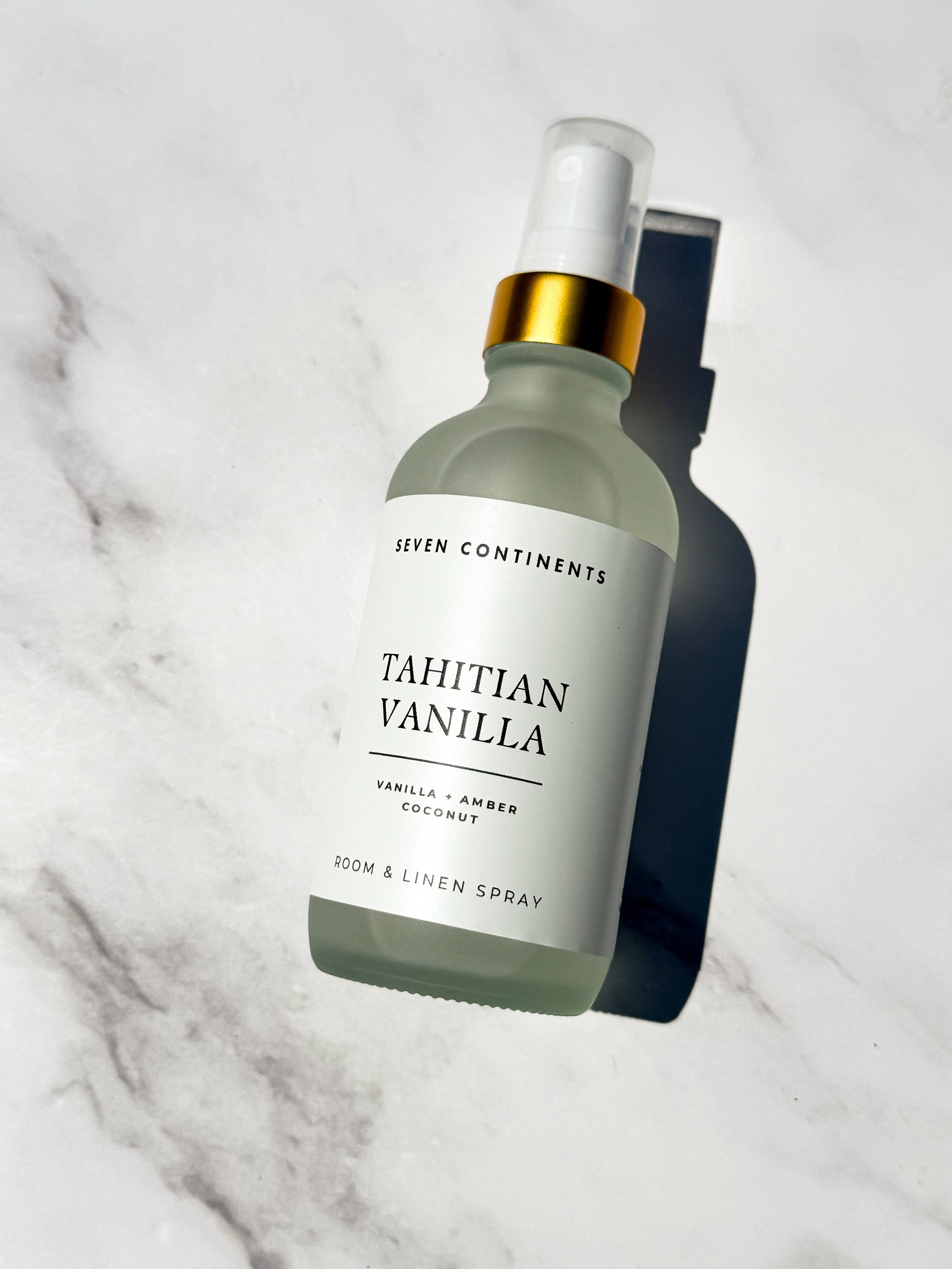 Tahitian Vanilla luxury room and linen spray with vanilla, amber, and coconut fragrance inspired by Tahiti