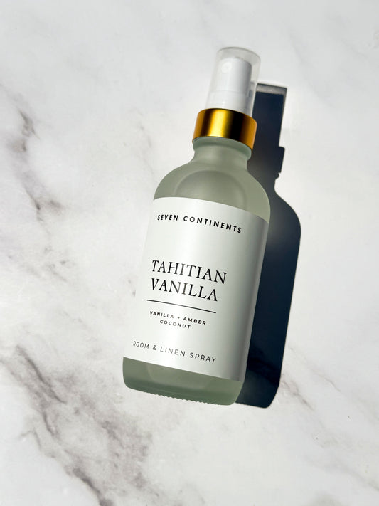 Tahitian Vanilla luxury room and linen spray with vanilla, amber, and coconut fragrance inspired by Tahiti
