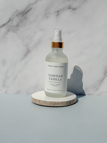 Tahitian Vanilla luxury room and linen spray with vanilla, amber, and coconut fragrance inspired by Tahiti