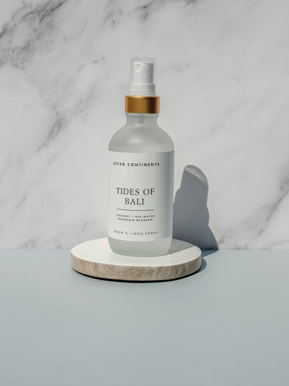 Tides of Bali luxury room and linen spray with coconut, sea water, and mandarin blossom fragrance